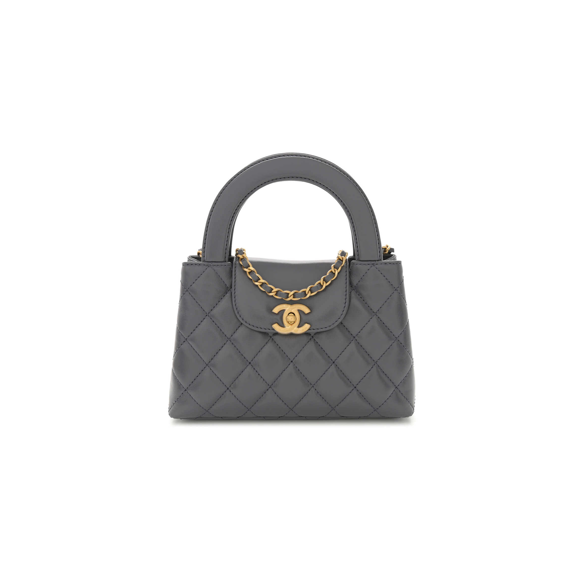 CHANEL MASTER KELLY BAG QUILTED GREY SHINY CALFSKIN AGED GOLD HARDWARE  (19*13*7cm)